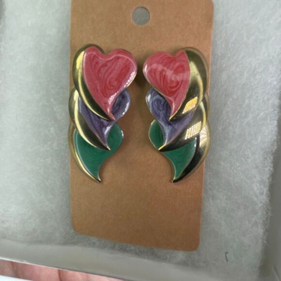 Vintage heart dangle enameled long earrings. - Picture 1 of 6